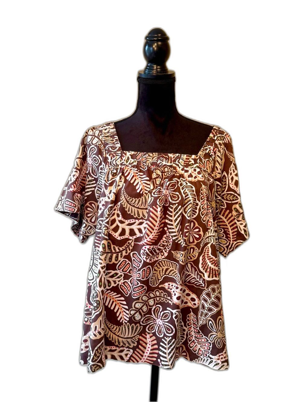Women’s Cotton Short Sleeve Top Size L Brown Palm Tropical Tikki Boho Summer